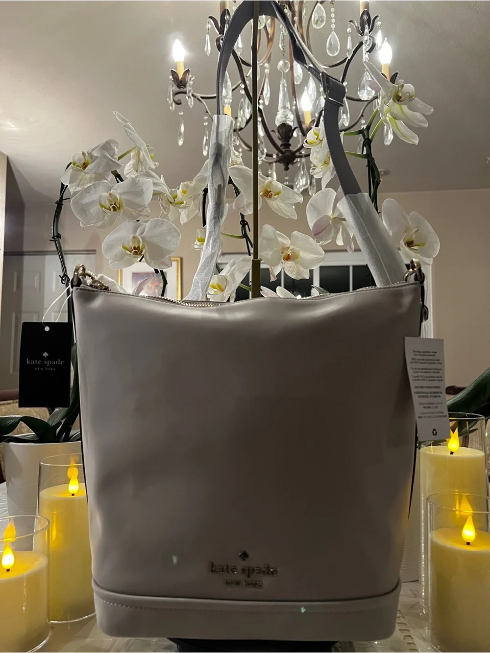 Kate Spade New York Chelsea Large Duffle Crossbody Bag Platinum Grey Nylon NWT